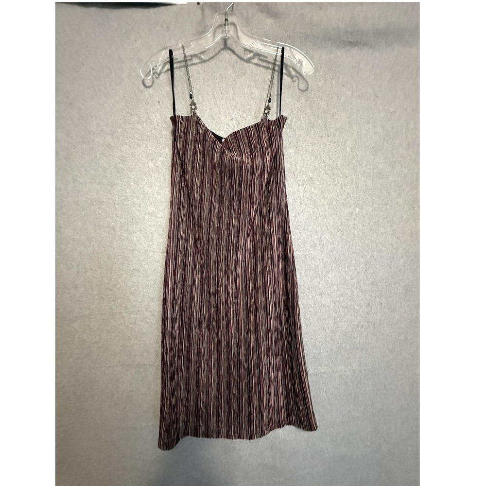 Y2K Windsor chain strap Slip stripe Dress M Red Pleated Knit Beaded Knee Length